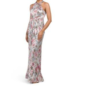 NWT ADRIANNA PAPELL Silver Multi Floral Metallic Halter Gown Size 2